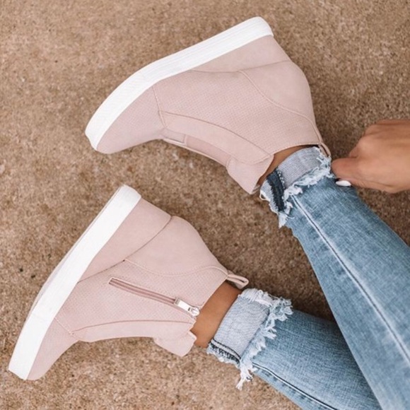 Tegan | Faux Suede Pinhole Wedge Sneakers | Blush - Picture 5 of 5